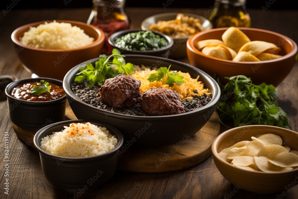 A Mouthwatering Spread of Brazilian Food: Feijoada, Pão de Queijo, Coxinha and Brigadeiros, Created with Generative AI