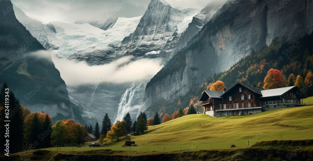 Beautiful summer foggy landscape in the mountains of the Alps, travel in the mountains - AI generated image