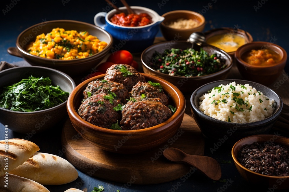 A Mouthwatering Spread of Brazilian Food: Feijoada, Pão de Queijo, Coxinha and Brigadeiros, Created with Generative AI