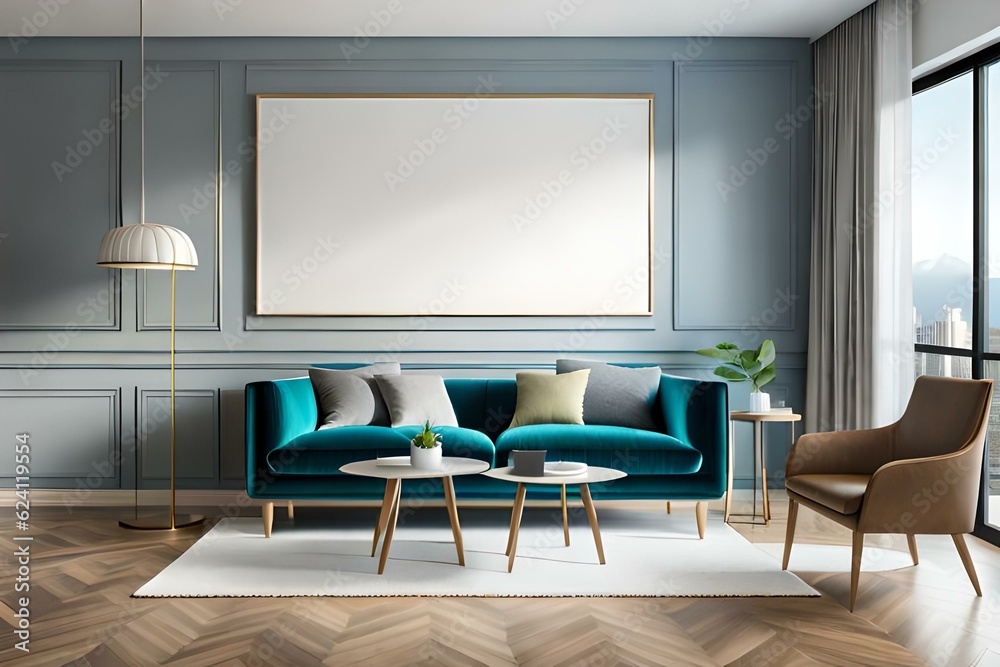 Horizontal blank picture frame mock up in minimalist modern living room interior Horizontal blank picture frame mock up in minimalist modern living room interior