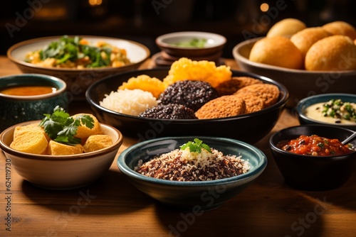 A Mouthwatering Spread of Brazilian Food: Feijoada, Pão de Queijo, Coxinha and Brigadeiros, Created with Generative AI