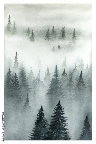 Hand drawn watercolor misty woods landscape. Watercolor foggy forest.