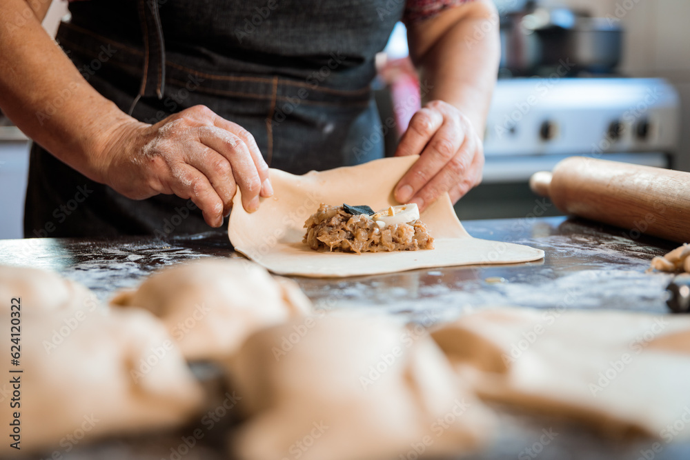 Culinary Tradition: Latin Elderly Woman Crafting Delicious Chilean Baked Empanadas de Pino in her Home Kitchen