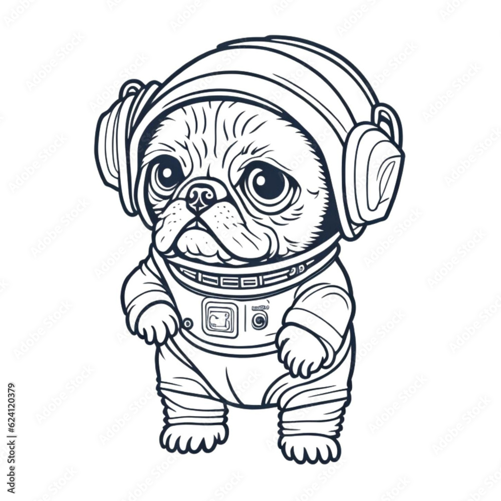 Fototapeta premium Dog in an astronaut suit, dog in a space, standing on two feet, cartoon style, black and white, vector, coloring page, character, a cartoon style, 