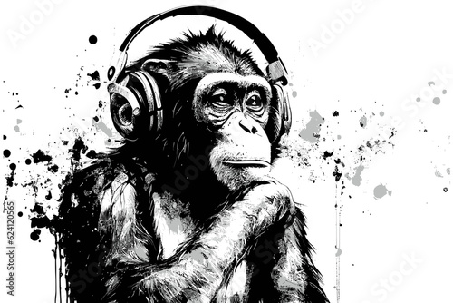 Fotografia Chimpanzee in headphones. Vector illustration desing.