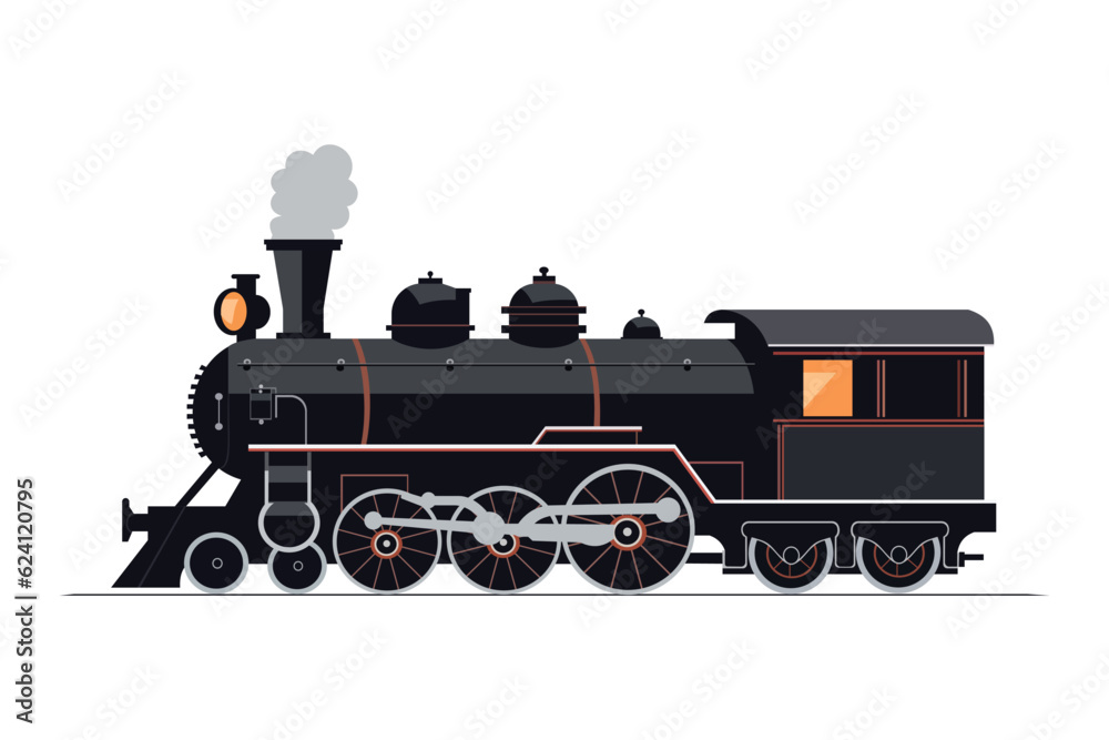 Retro train, classic black locomotive on a white background. Vector illustration - obrazy, fototapety, plakaty 