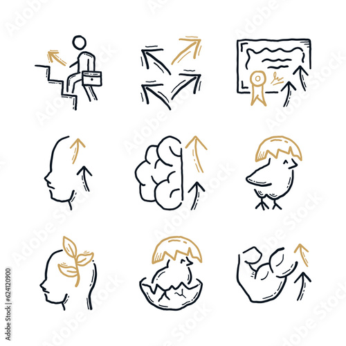Personal growth hand drawn icon set. Skill improvement, professional, burnout, newbie. Doodle line art vector illustration
