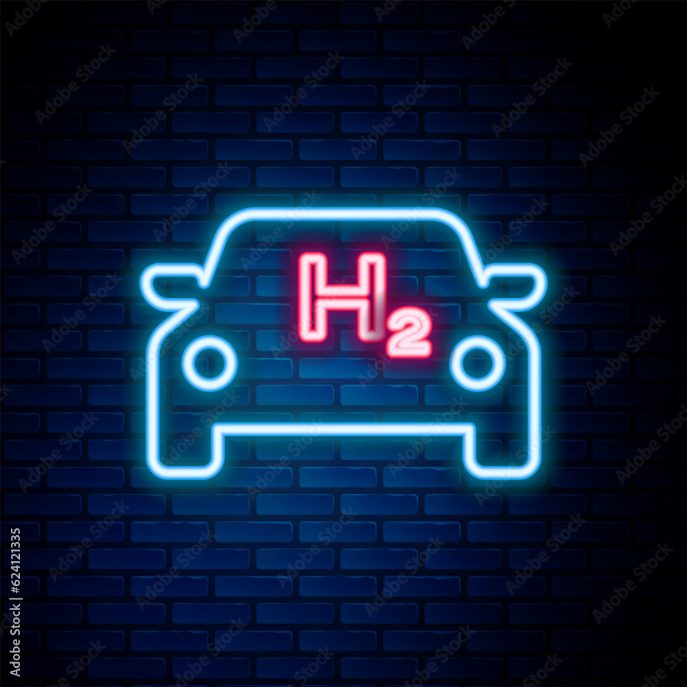 Glowing neon line Hydrogen car icon isolated on brick wall background. H2 station sign. Hydrogen fuel cell car eco environment friendly zero emission. Colorful outline concept. Vector Glowing neon line Hydrogen car icon isolated on brick wall background. H2 station sign. Hydrogen fuel cell car eco environment friendly zero emission. Colorful outline concept. Vector