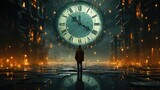 A person standing in front of a large clock. Generative AI. Surreal whimsical landscape.
