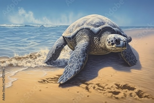 Illustration of a turtle with beautiful beach scene  created with Generative Ai Technology