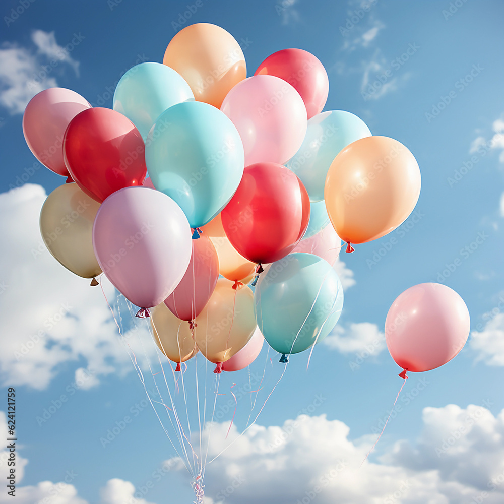colorful balloons floating in the background