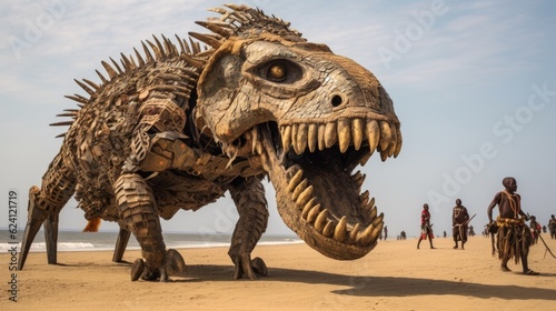 Mythical creature of Angola. Illustration of a massive dinosaur sculpture on a beautiful beach by the sea  created with Generative Ai Technology