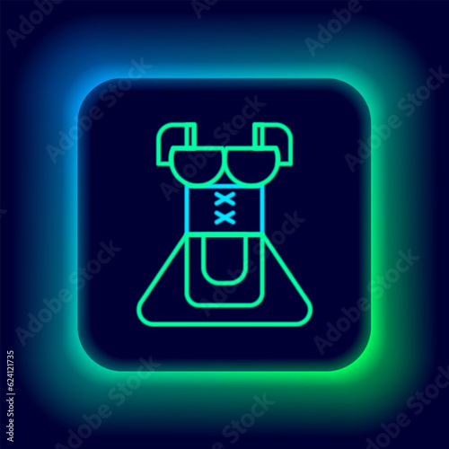 Glowing neon line Traditional Oktoberfest folk costume for women called dirndl icon isolated on black background. Traditional Bavarian clothing. Colorful outline concept. Vector