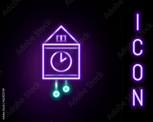 Glowing neon line Retro wall watch icon isolated on black background. Cuckoo clock sign. Antique pendulum clock. Colorful outline concept. Vector