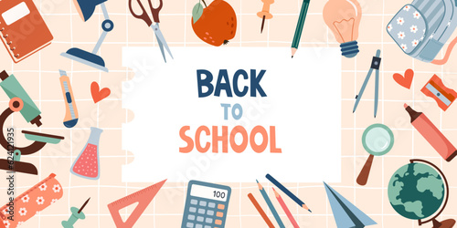 Banner with school supplies. Vector illustration