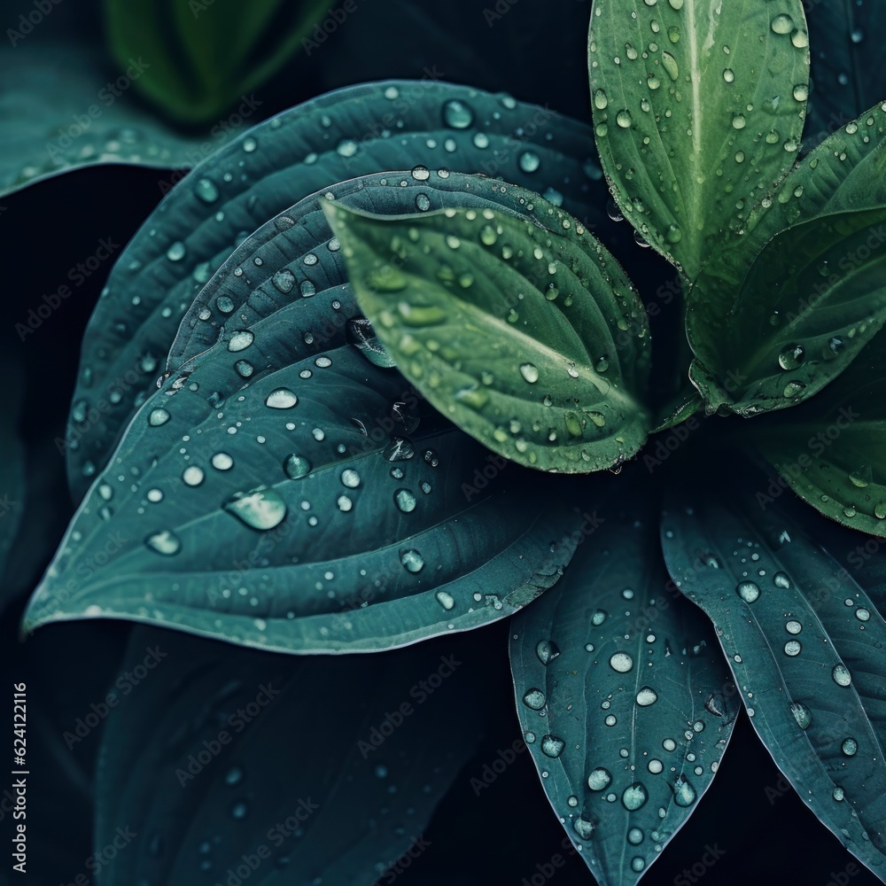 Obraz premium Photo tropical leaves in dark green with rain water drop on texture abstract pattern nature