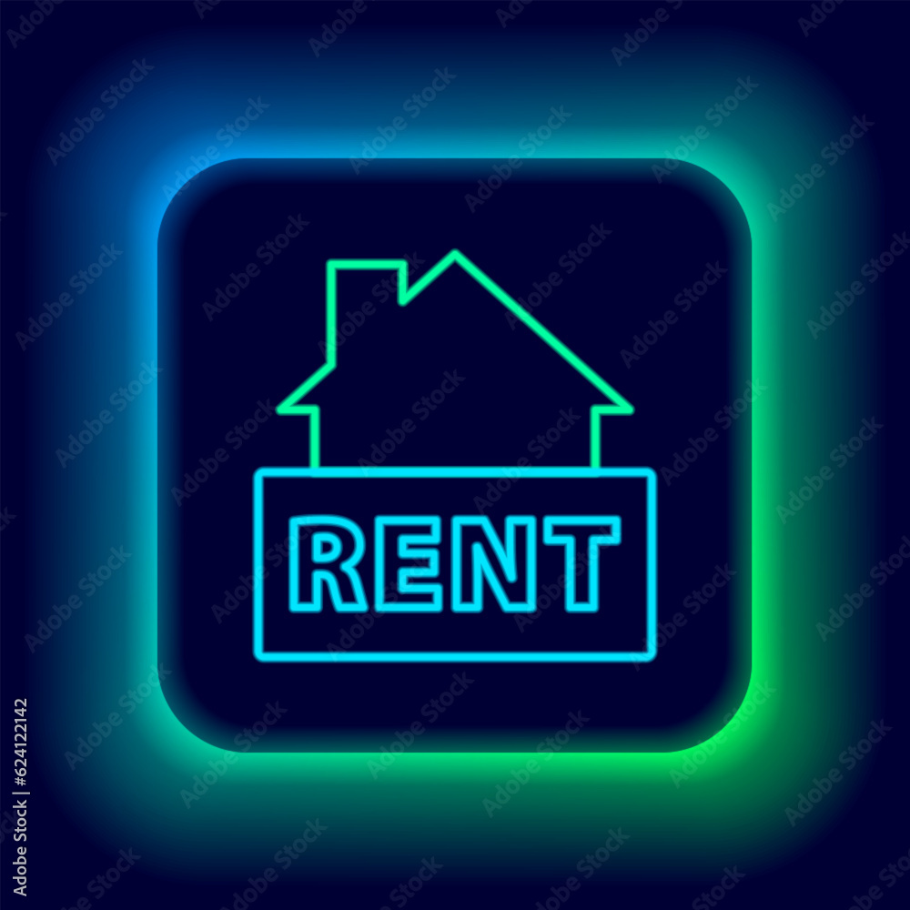 Glowing neon line Hanging sign with text Rent icon isolated on black background. Signboard with text For Rent. Colorful outline concept. Vector Glowing neon line Hanging sign with text Rent icon isolated on black background. Signboard with text For Rent. Colorful outline concept. Vector