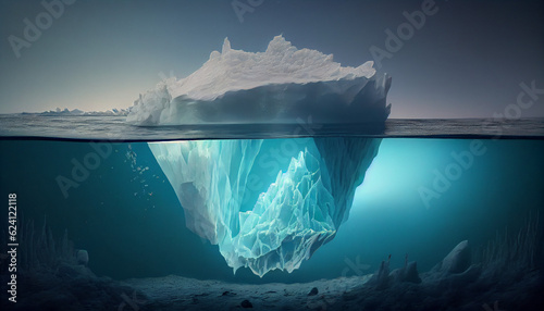 Iceberg in polar regions. Underwater image of an iceberg with a stunning, translucent sea and the concepts of global warming, Ai generated image 