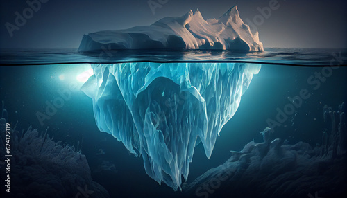 Iceberg in polar regions. Underwater image of an iceberg with a stunning, translucent sea and the concepts of global warming, Ai generated image  © PixxStudio