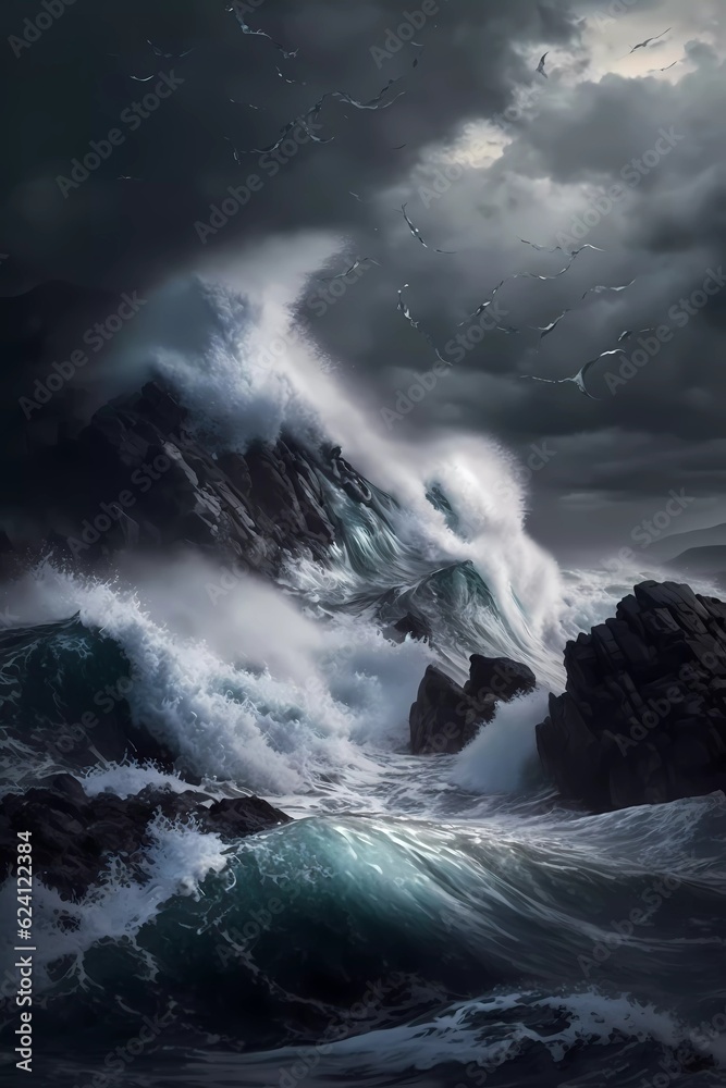 Dramatic seascape with crashing waves