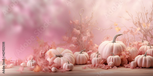 Generative AI. Halloween background, soft pink colors, pumpkins.
