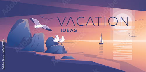 sunset on the seashore with seagulls. Pink light. Minimalistic. Ideas for recreation. Vector illustratione sunset. Wild deer silhouette.