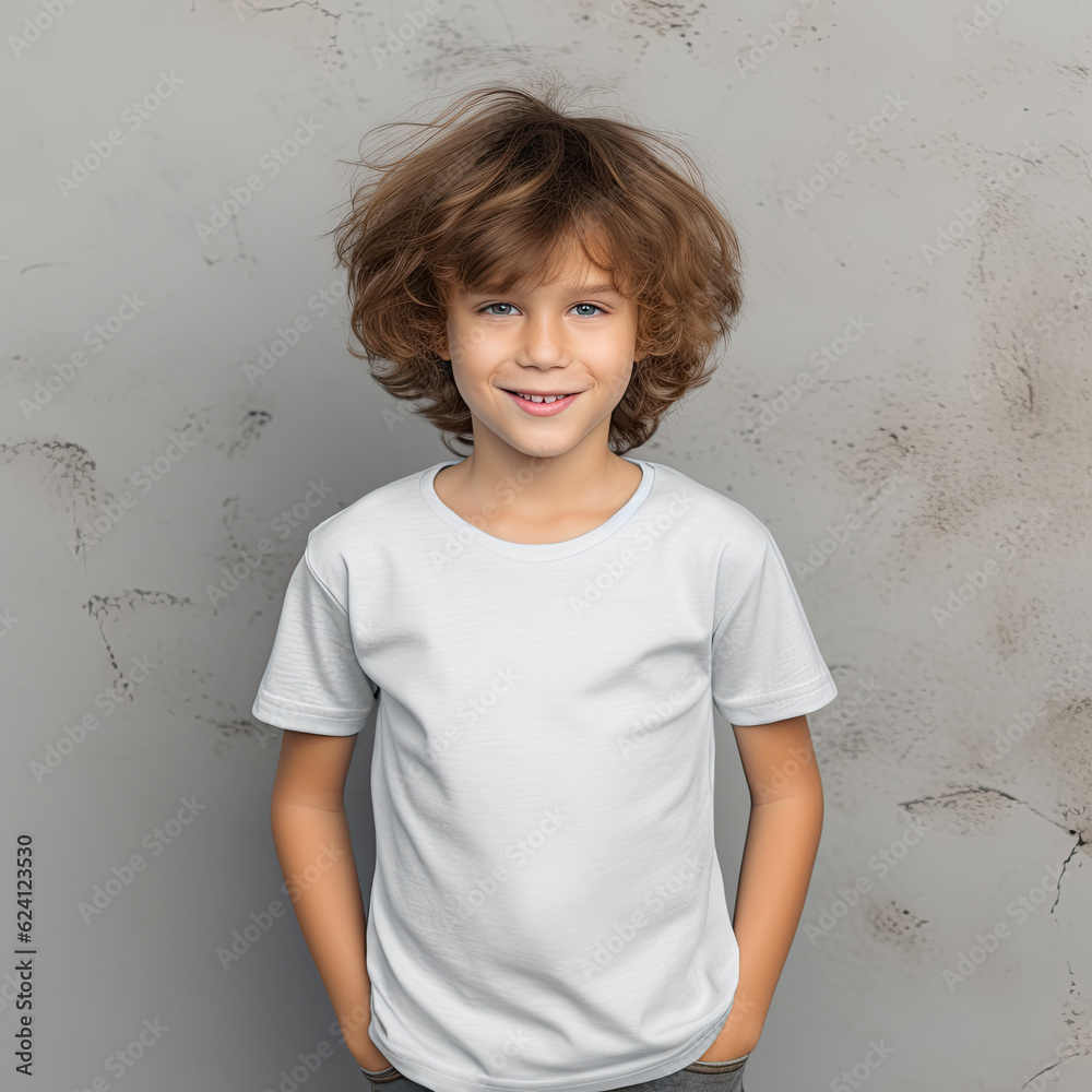 A Boy wearing shirt at grey background (Generative AI) A Boy wearing shirt at grey background (Generative AI)