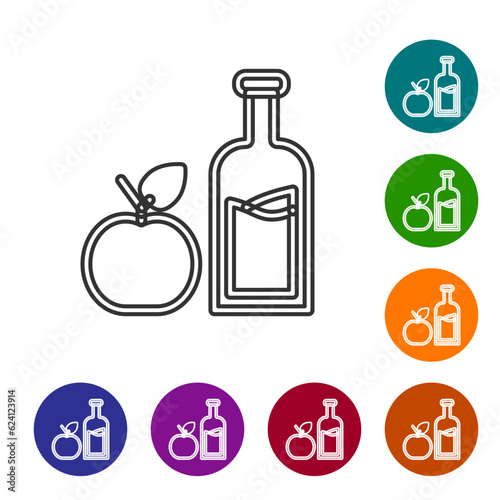 Black line Apple cider bottle icon isolated on white background. Beverage glass bottle. Set icons in color circle buttons. Vector