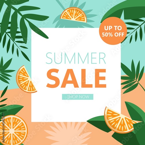Social media summer sale banner in tropical style