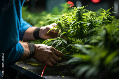Skilled Hands Trimming Cannabis Plant in a Modern Light Industrial Indoor Marijuana Farm - High-Quality Stock Image Capturing the Art of Cannabis Cultivation and Processing for Medical and Recreationa
