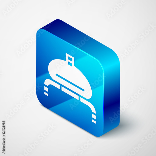 Isometric Bread and salt on towel icon isolated on grey background. National food loaf. Traditional ukrainian wedding bread. Blue square button. Vector