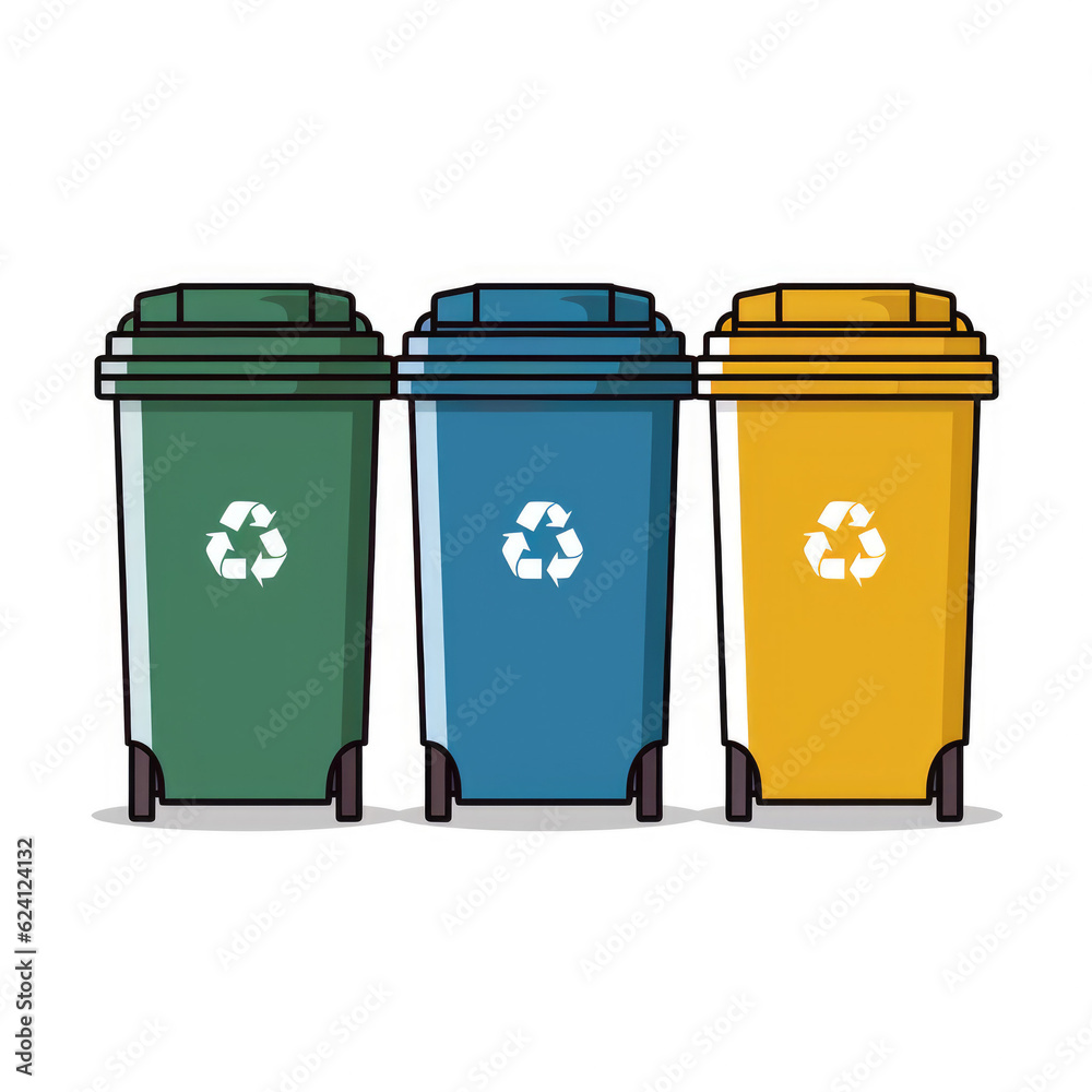 Three trash cans with recycleable symbols on them. Generative AI. Three trash cans with recycleable symbols on them. Generative AI.