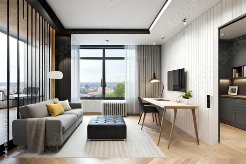 Modern contrast interior in the style scandinavian, a place for study. 3D rendering © indofootage