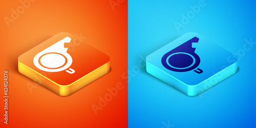 Isometric Whistle icon isolated on orange and blue background. Referee symbol. Fitness and sport sign. Vector