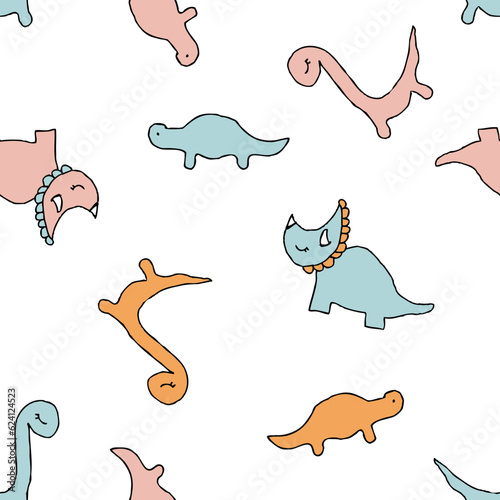 Cute triceratops, diplodocus and brachiosaurus dinosaurs seamless pattern. Childish print for tee, paper, textile and fabric. Simple vector illustration for decor and design.