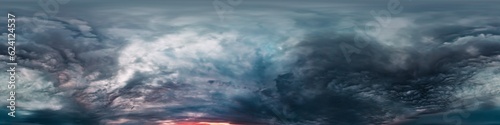 Dramatic overcast sky panorama with dark gloomy Cumulonimbus clouds. HDR 360 seamless spherical panorama. Sky dome in 3D, sky replacement for aerial drone panoramas. Weather and climate change concept