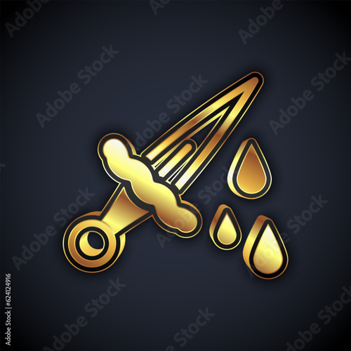 Gold Sword with blood icon isolated on black background. Medieval weapons knight and soldier. Symbol of murder. Vector