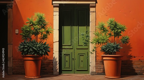 rustic old green wooden front door with pot plant garden, Generative Ai