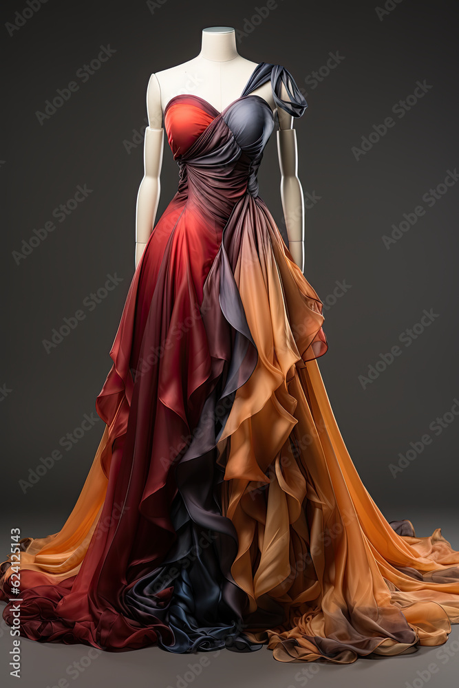 A mannequin dressed in a multicolored dress. Generative AI.