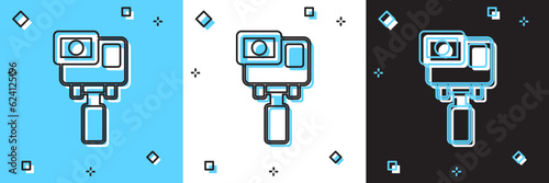 Set Action extreme camera icon isolated on blue and white, black background. Video camera equipment for filming extreme sports. Vector