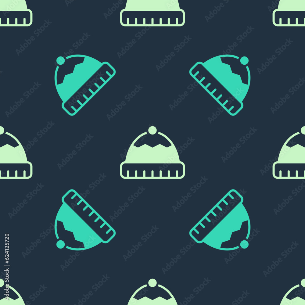 Green and beige Winter hat icon isolated seamless pattern on blue background. Vector