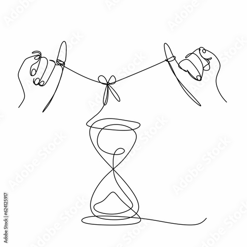 continuous drawing with one line of hourglass hands and fine threads. The concept of time and trust