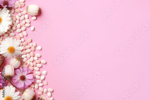Top view of fresh flowers, capsules and tablets lying on a flat pink background with copy space. Creative banner template, natural vitamins, eco healthy herbal supplements. Generative AI.