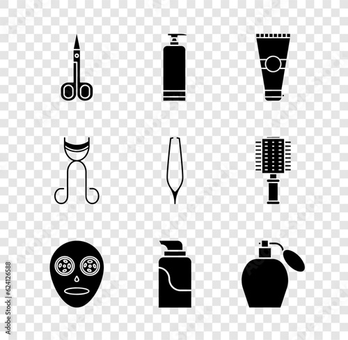 Set Scissors, Cream cosmetic tube, Lotion, Facial mask, Perfume, Eyelash curler and Eyebrow tweezers icon. Vector