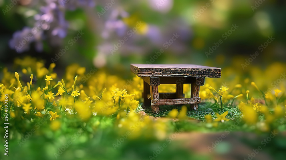 Old wooden stool in the grass. Generative Ai Old wooden stool in the grass. Generative Ai