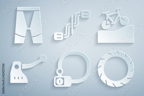 Set Bicycle lock, Mountain bicycle, brake, wheel tire, pedals and Cycling shorts icon. Vector