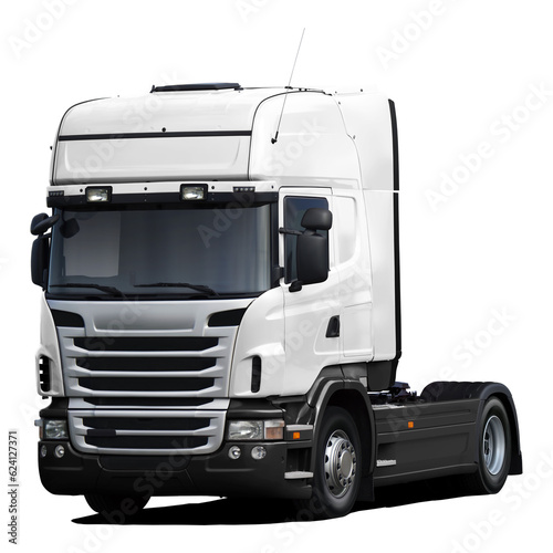 Modern European truck with white color and black plastic bumper. Front side view isolated on white background.