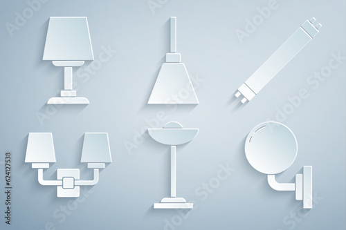 Set Floor lamp, Fluorescent, Wall sconce, Chandelier and Table icon. Vector