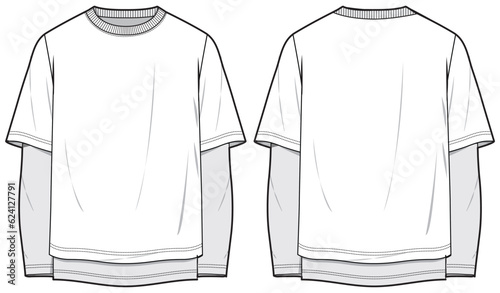 Slika na platnu Men's long sleeve Crew neck T Shirt flat sketch fashion illustration with front and back view