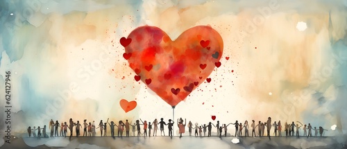 community banner with silhouette of people and a big red heart in the sky, symbolizing solidarity, togetherness, watercolor illustration photo